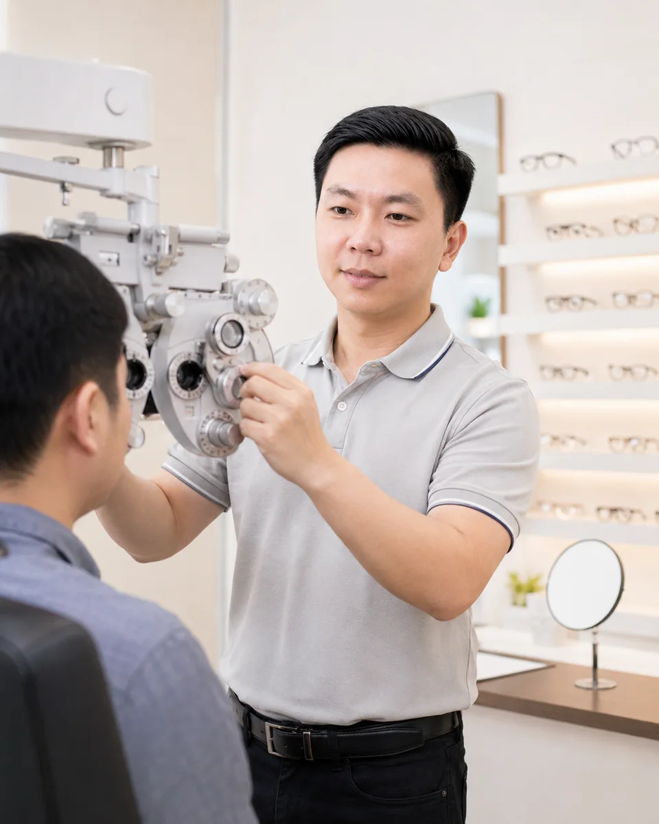 Ho Truong measuring a client’s vision with a phoropter