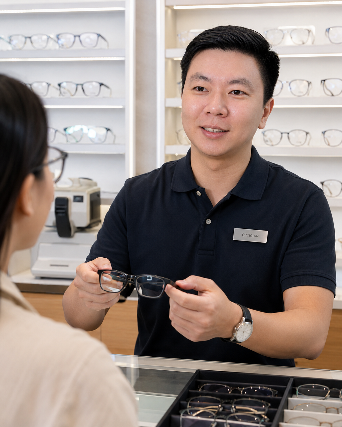 FramesDirect Prescription Lenses Review (2026): Materials, Coatings and Returns Ho Truong, trained optician, presenting an eyeglass frame to a customer in an optical shop