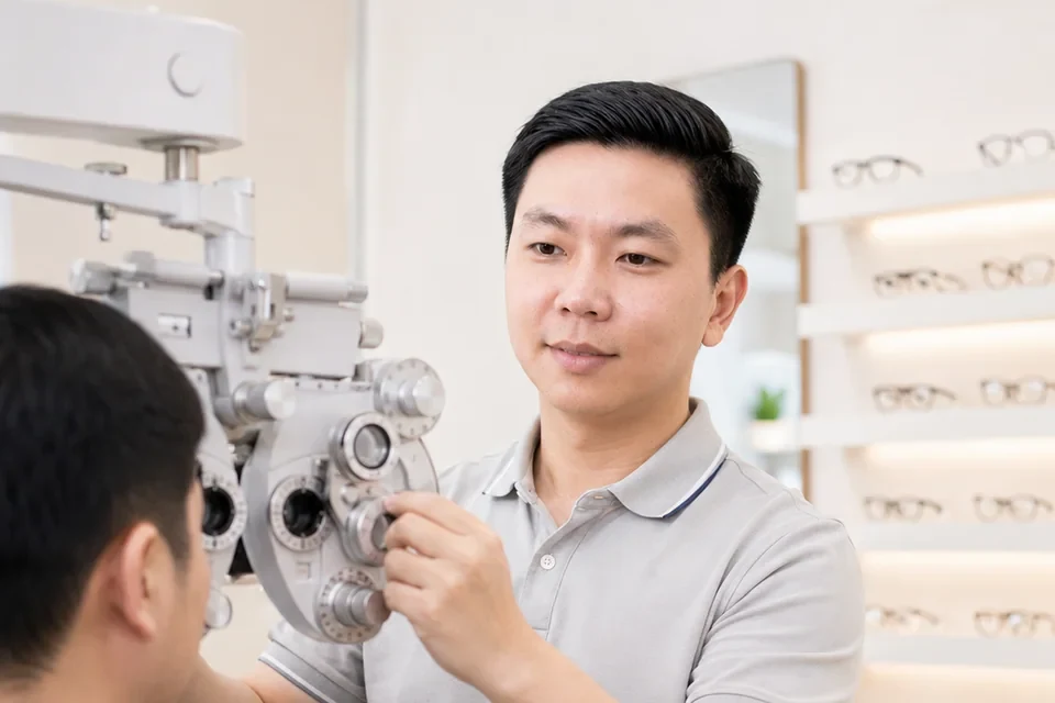 Progressive Lenses Explained: A Beginner’s Guide Ho Truong measuring a client’s vision with a phoropter in an optical practice