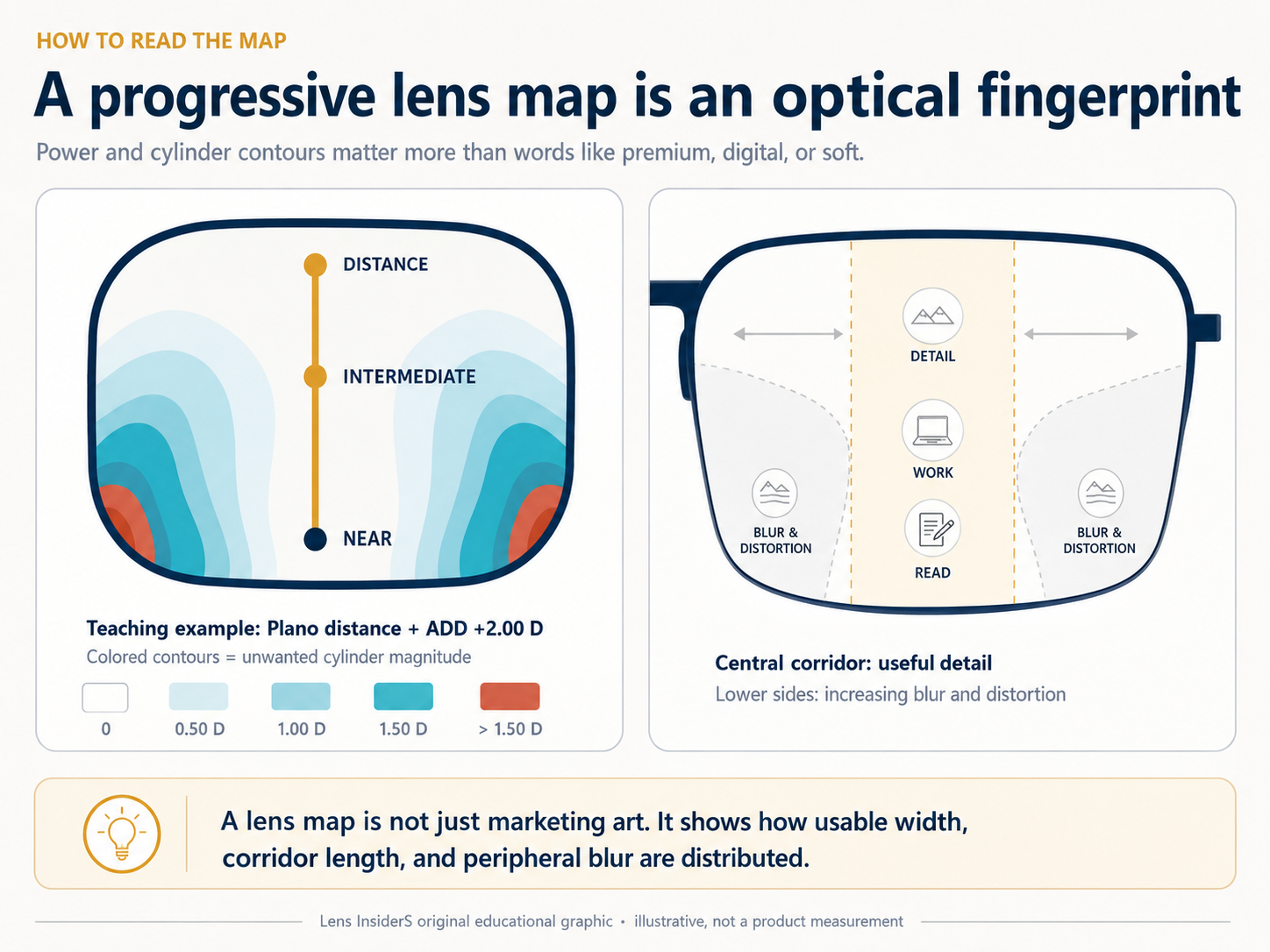 Progressive lens map showing distance, intermediate and near zones with unwanted cylinder contours and a central useful corridor