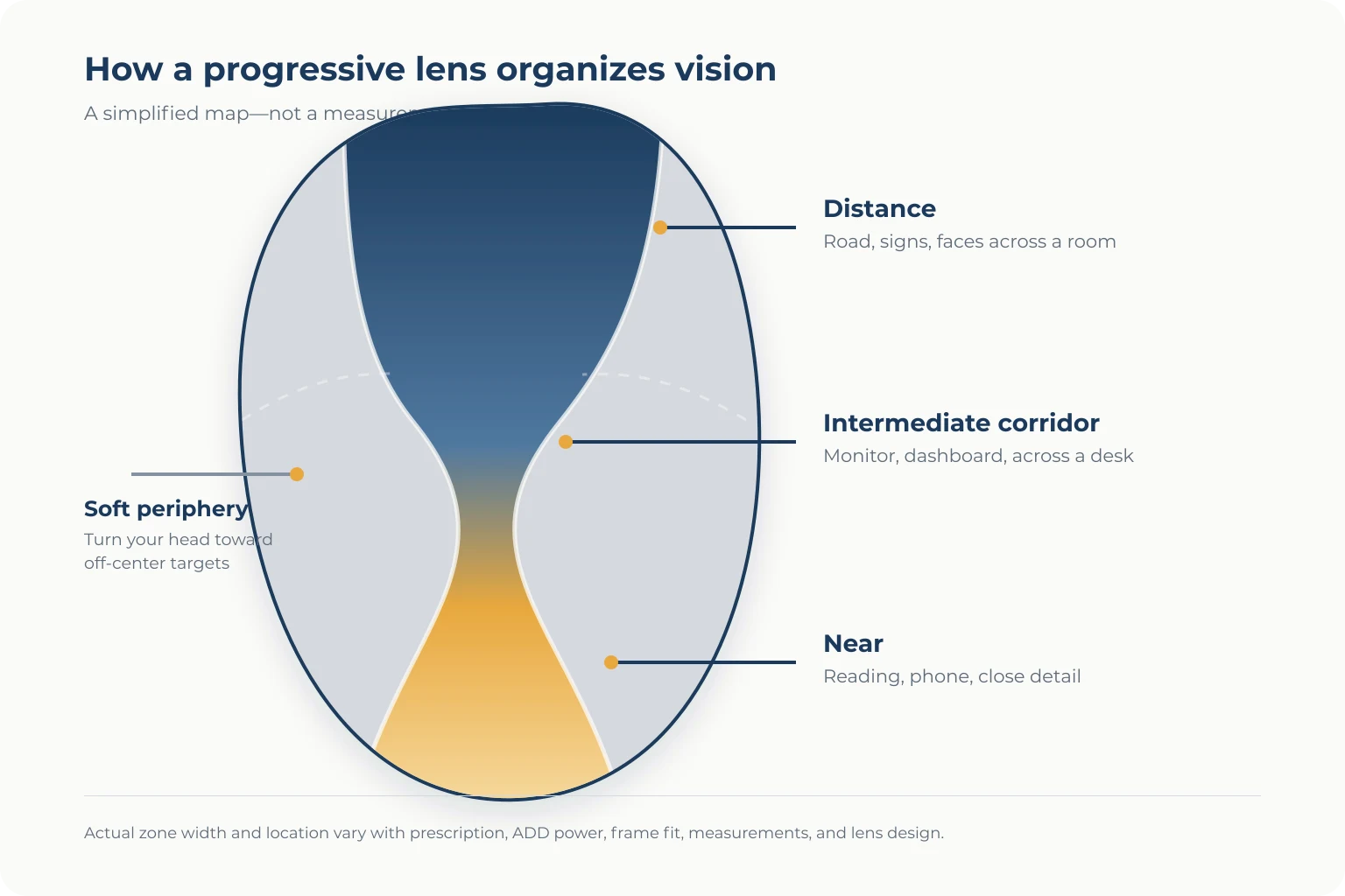 Progressive Lenses Explained: A Beginner’s Guide Diagram showing distance, intermediate and near viewing zones in a progressive lens