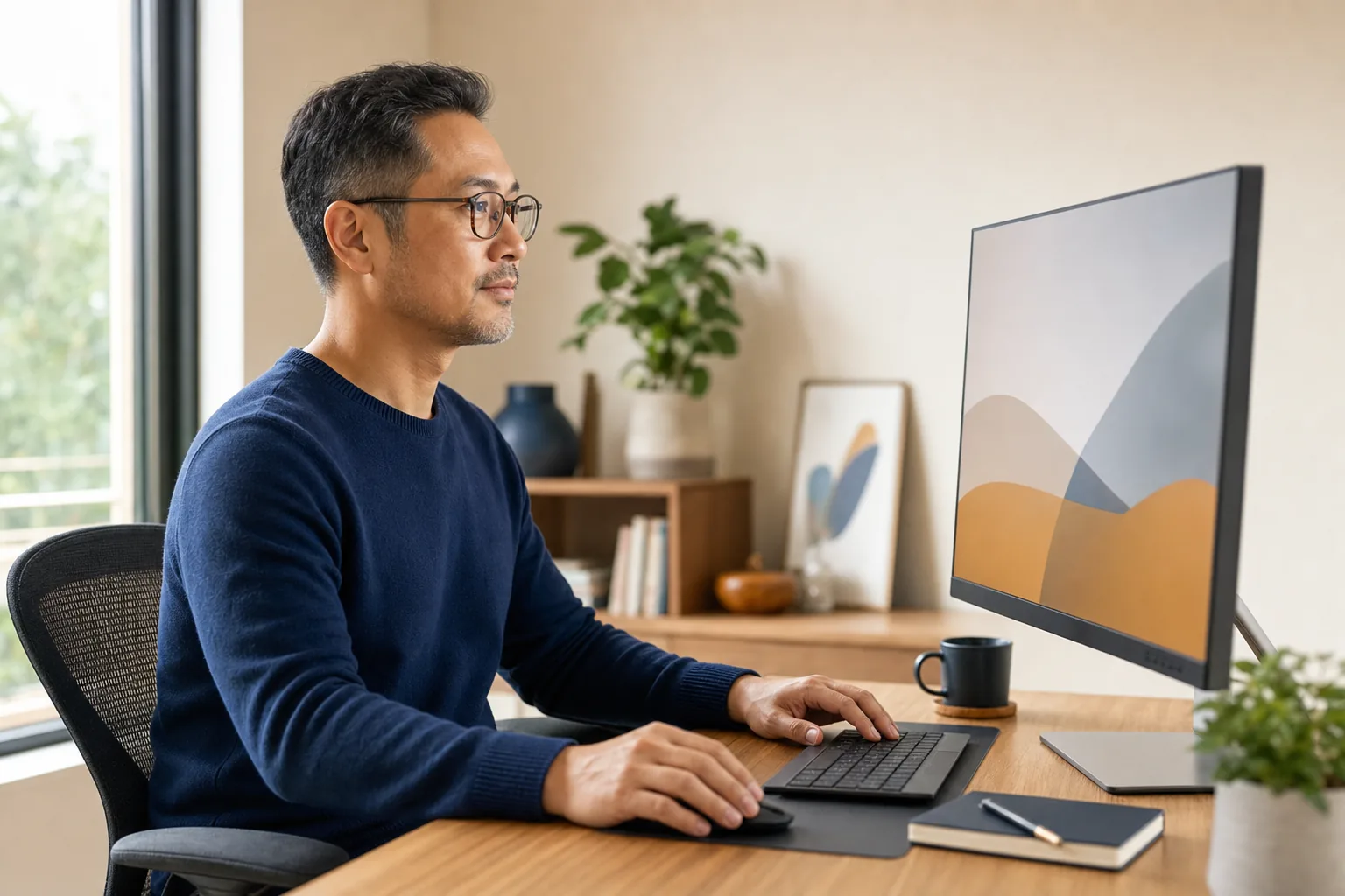 Progressive Lenses for Computer Work: What Actually Helps Office worker wearing glasses at an ergonomically positioned desktop monitor