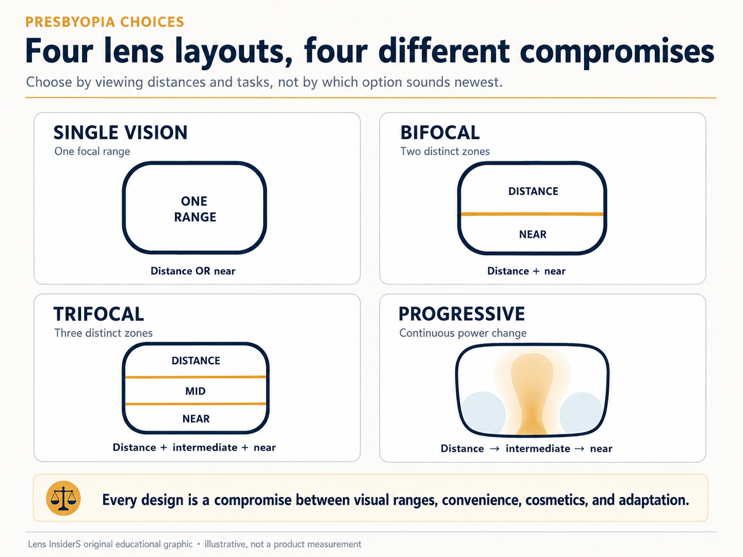 Four-panel comparison of single vision, bifocal, trifocal and progressive spectacle lens layouts