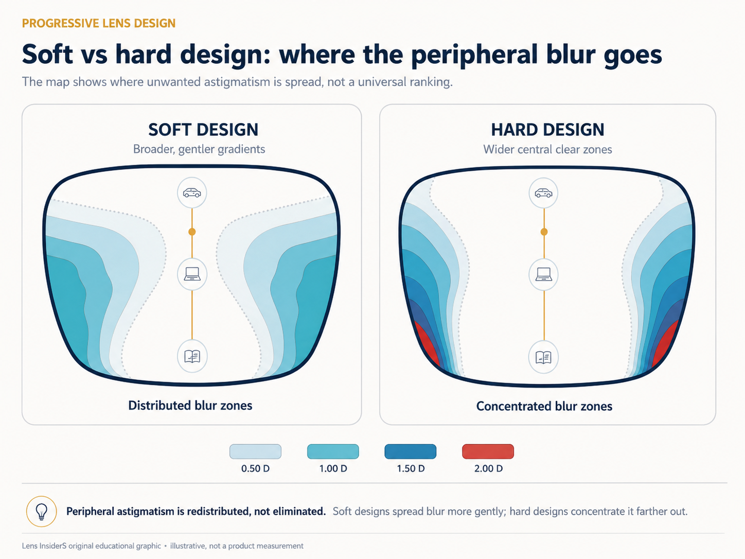 Soft and hard progressive lens maps comparing distributed and concentrated peripheral astigmatism contours