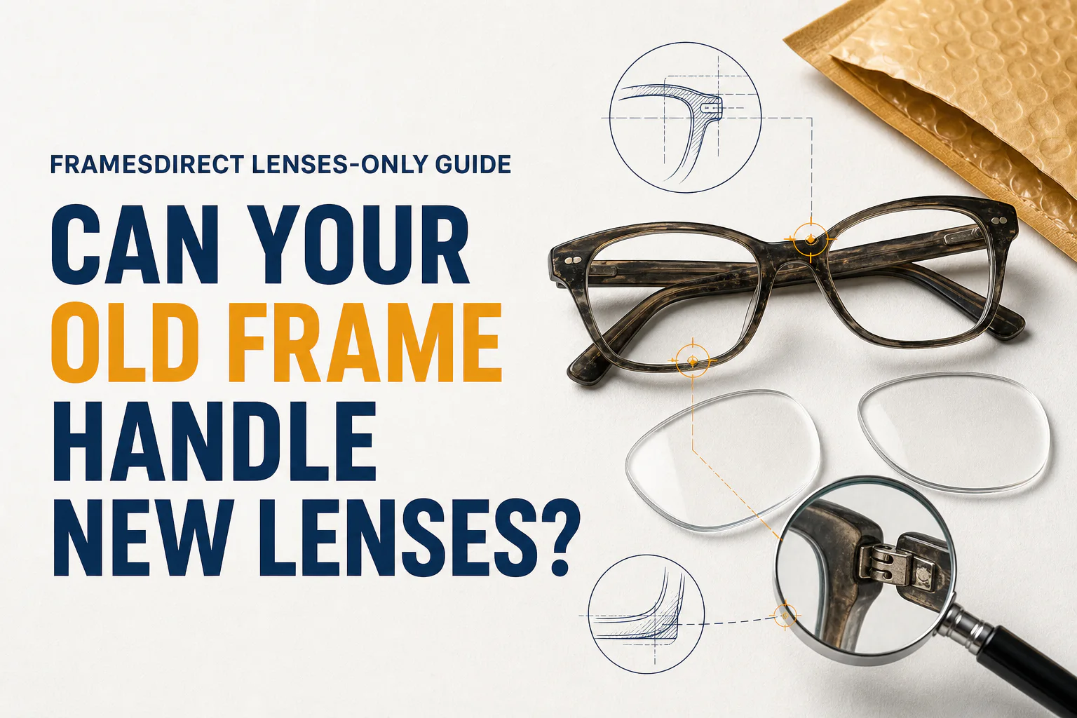 Lens InsiderS cover asking whether an old frame can handle new lenses, with a generic used frame, loose lenses, mailer, and inspection details.