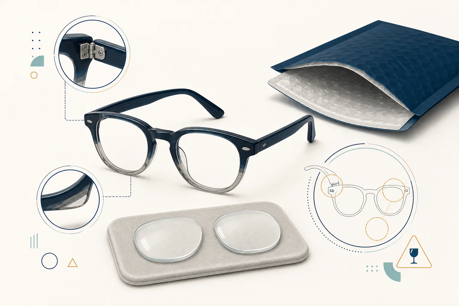Editorial illustration of an unbranded used eyeglass frame, padded mailer, loose prescription lenses, and magnified hinge and rim inspection cues.