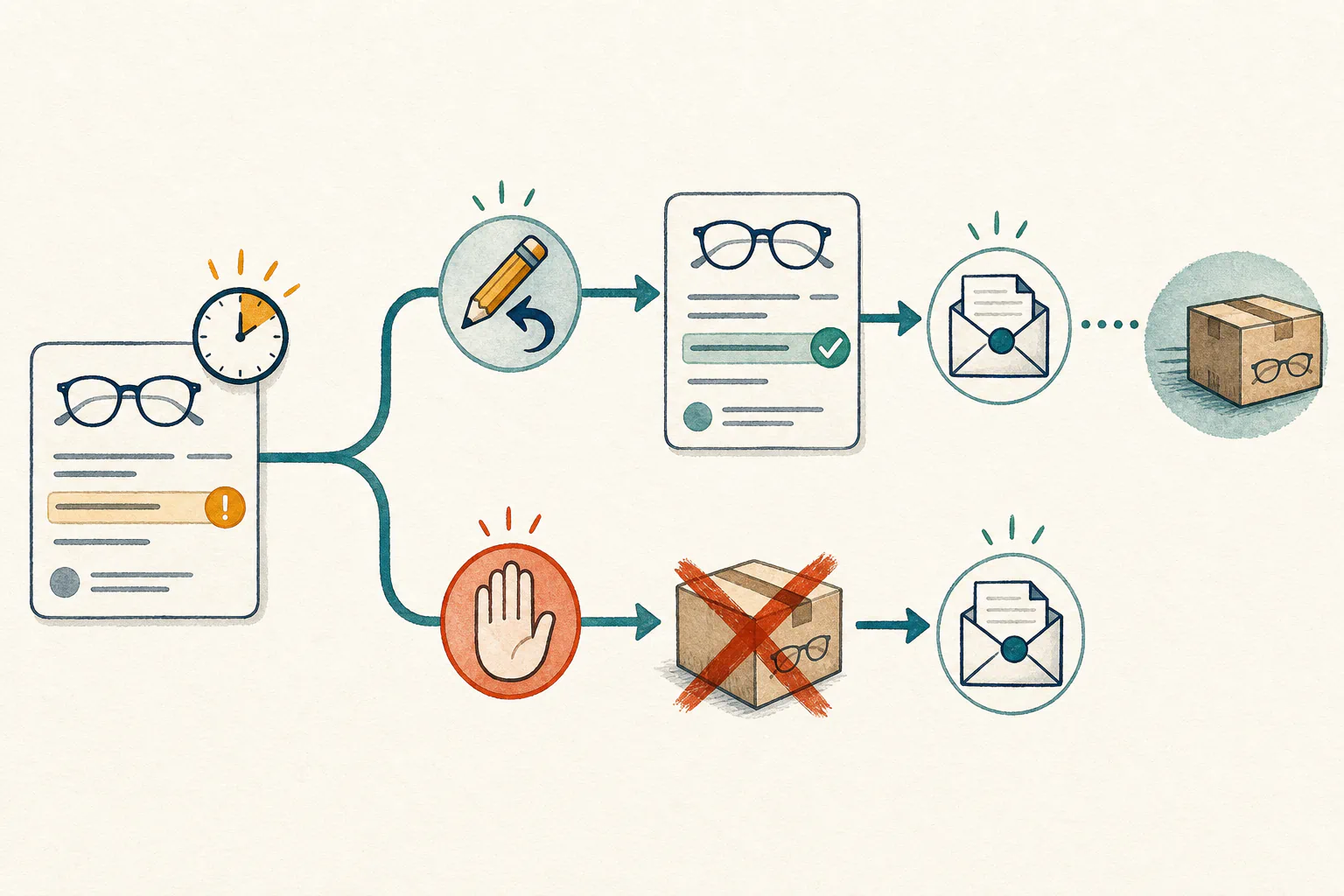 Can You Change or Cancel a GlassesUSA Order? What to Do Immediately Urgent decision flow branching from an order error to correction or cancellation and written confirmation.