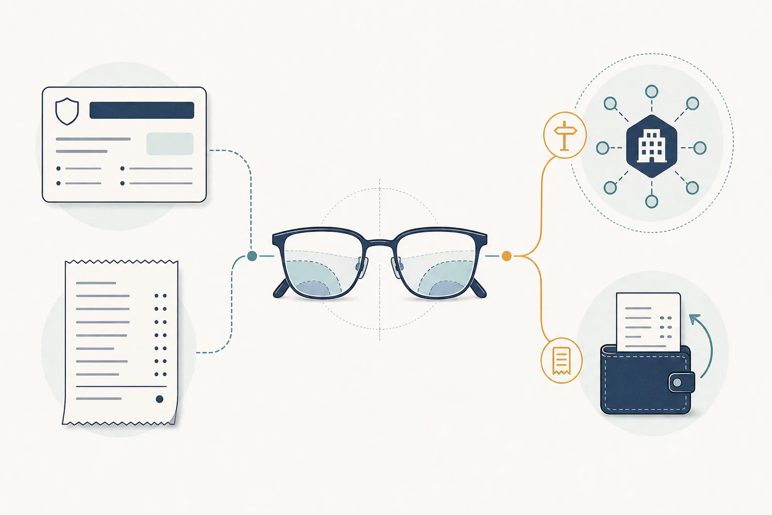 Illustration of a blank benefit card and itemized receipt feeding into progressive glasses, then branching toward network coverage and reimbursement symbols.