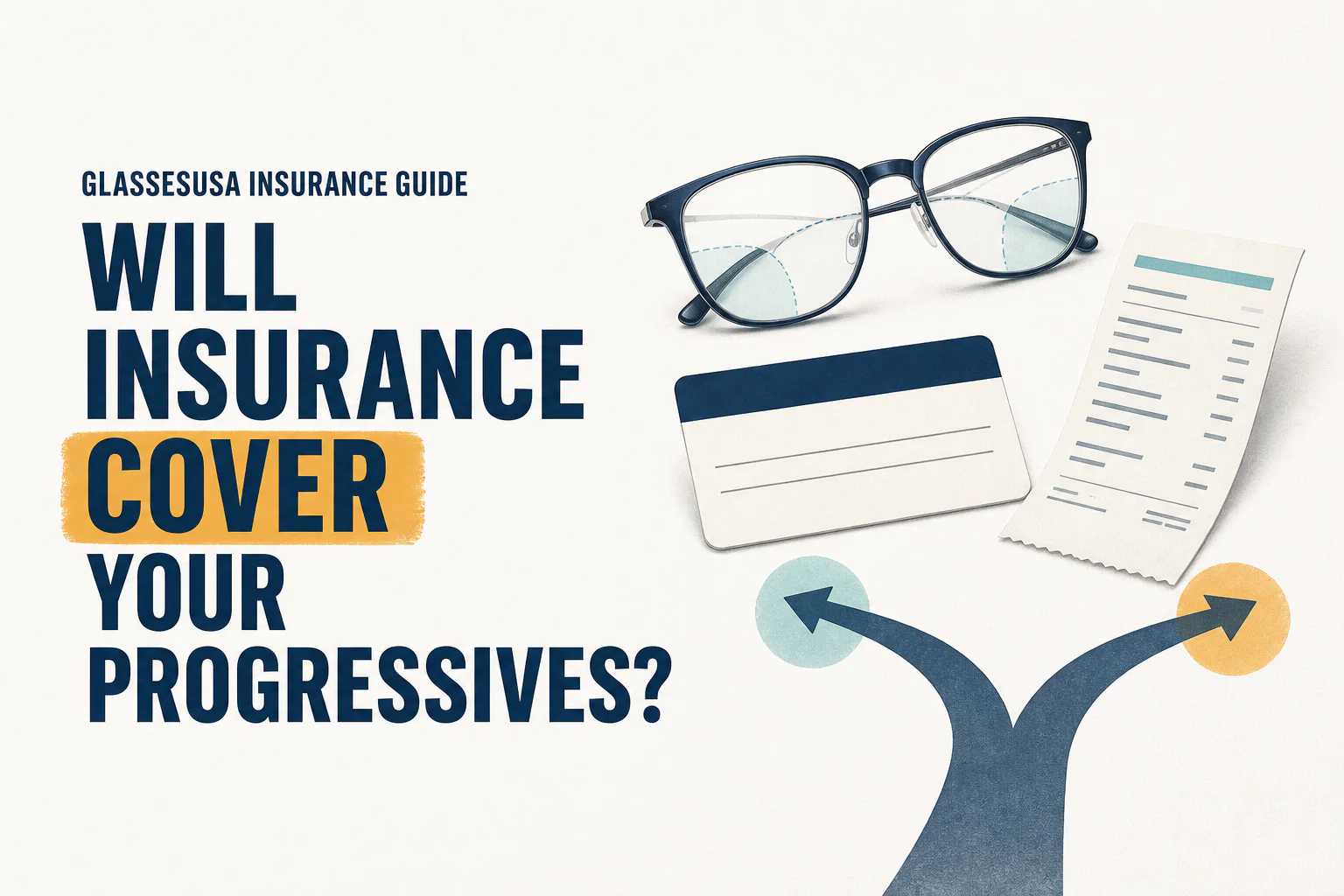 Lens InsiderS cover asking whether insurance will cover progressive glasses, with generic glasses, a blank benefit card, receipt, and two decision paths.