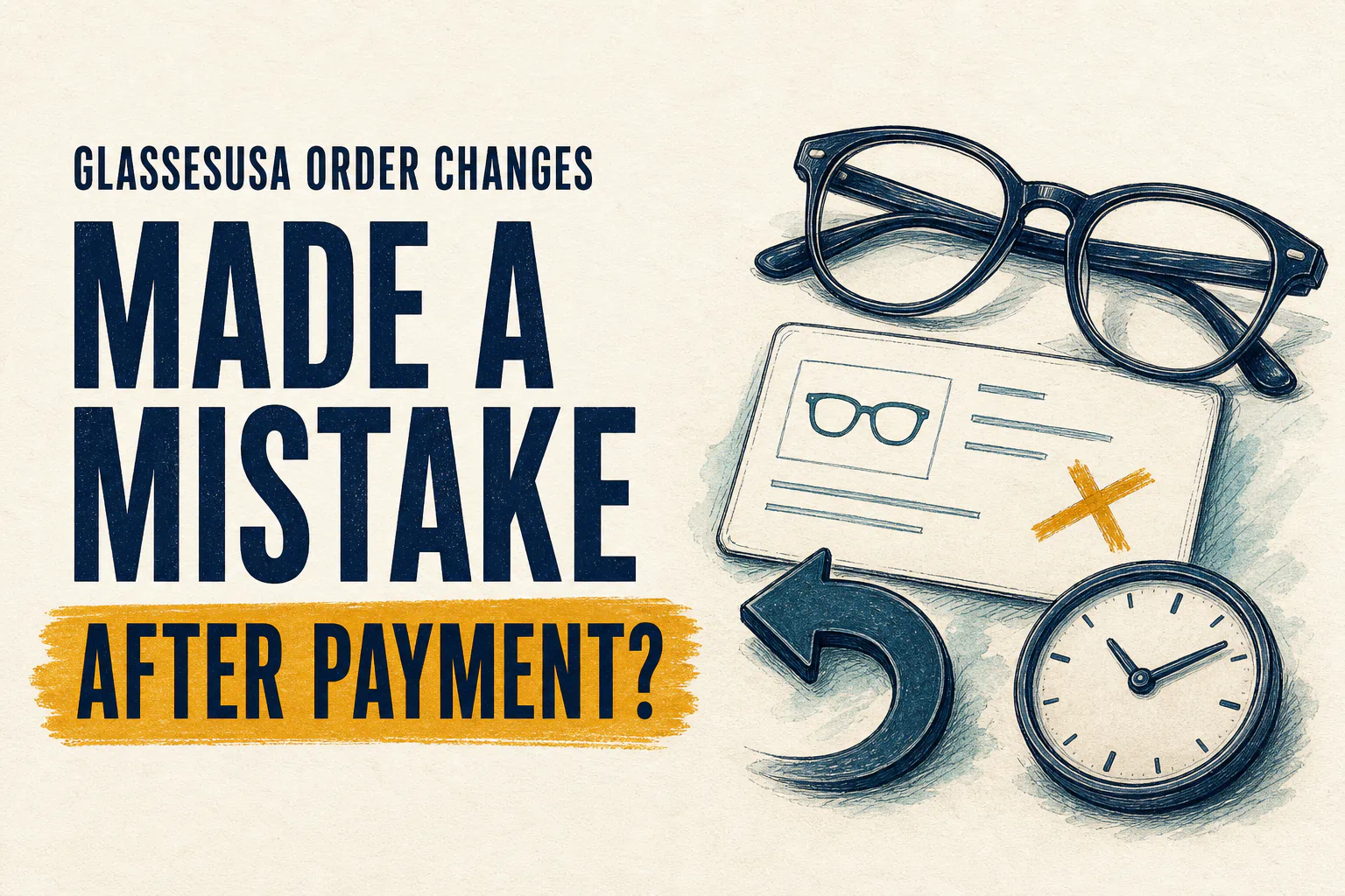 GlassesUSA order changes cover asking Made a Mistake After Payment beside glasses, an order error, undo arrow, and clock.
