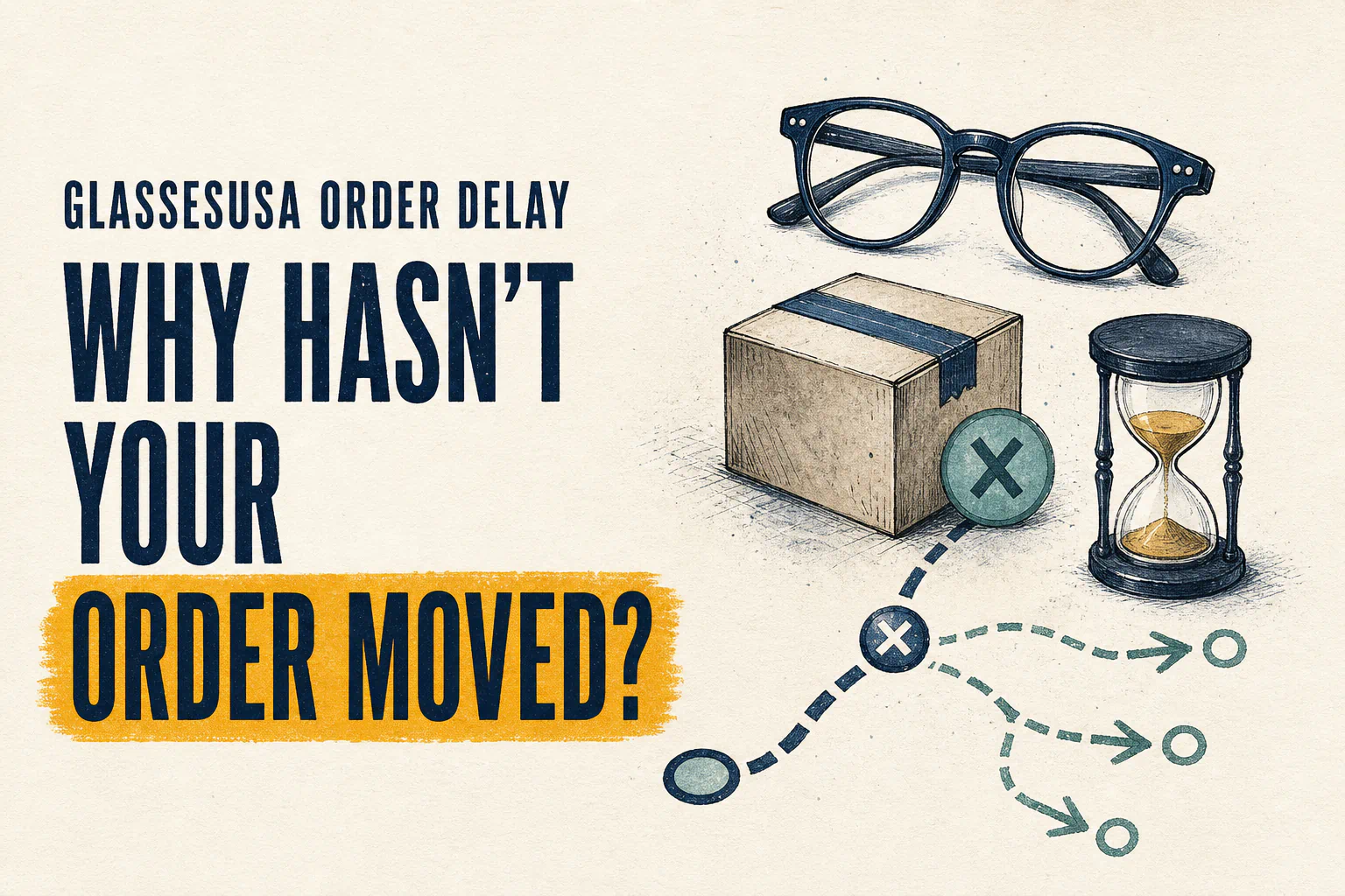 GlassesUSA order delay cover asking Why Hasn't Your Order Moved beside glasses, a stalled parcel, hourglass, and diagnostic branches.