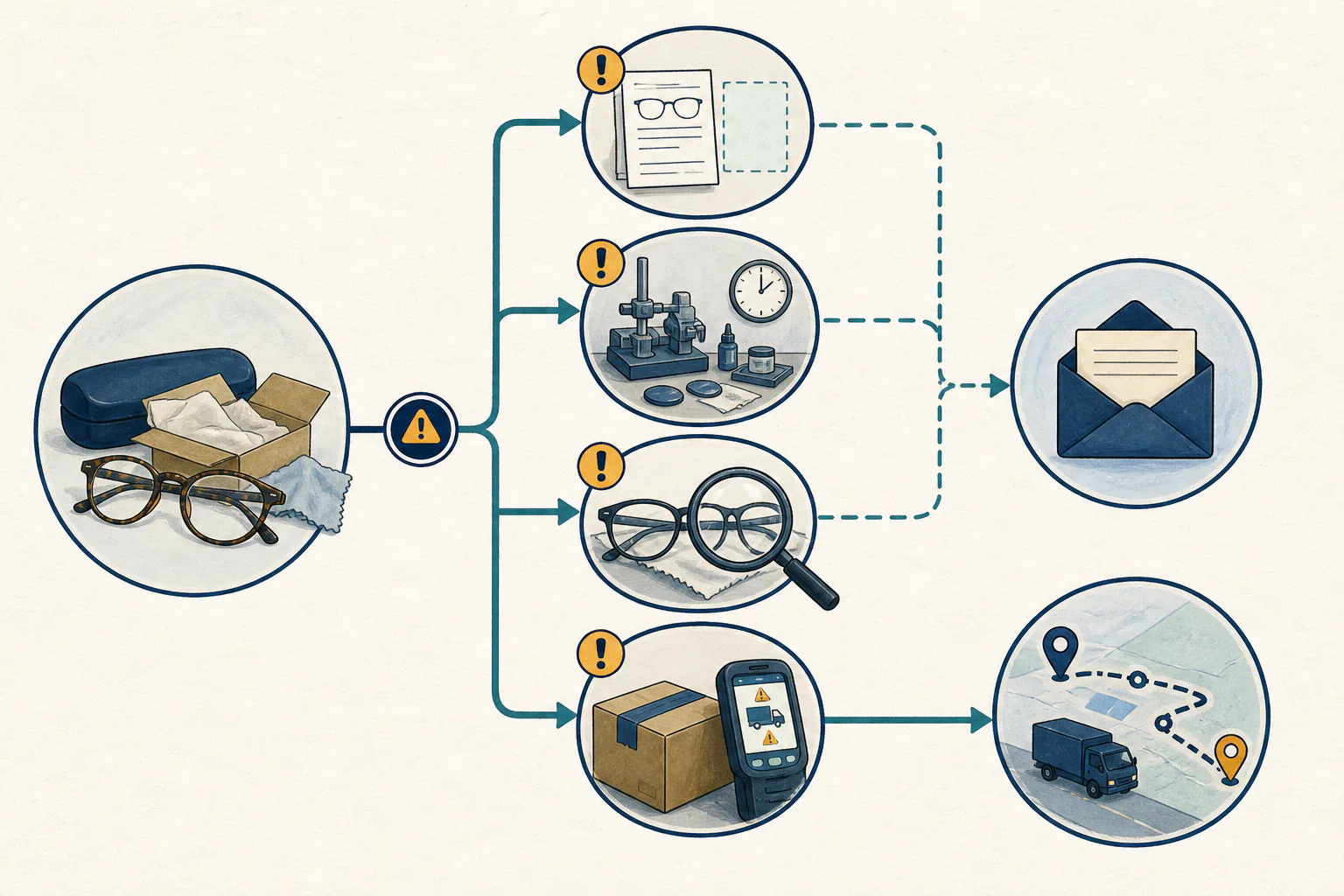 Why Is My GlassesUSA Order Delayed? A Status and Tracking Checklist Order-delay diagnostic path branching through missing prescription, lens lab, quality control, and carrier tracking stages.