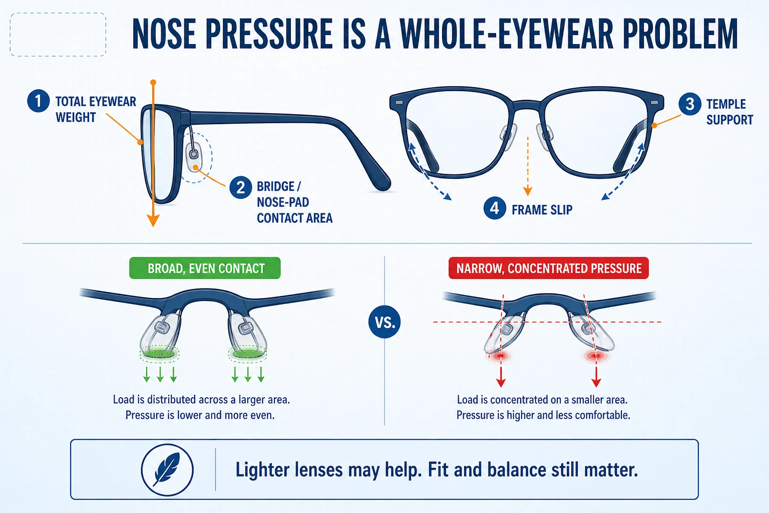 Progressive Lens Index Explained: Thickness, Weight and Nose Pressure Eyeglass diagram showing how total weight, bridge and nose-pad contact area, temple support and frame slip affect pressure on the nose