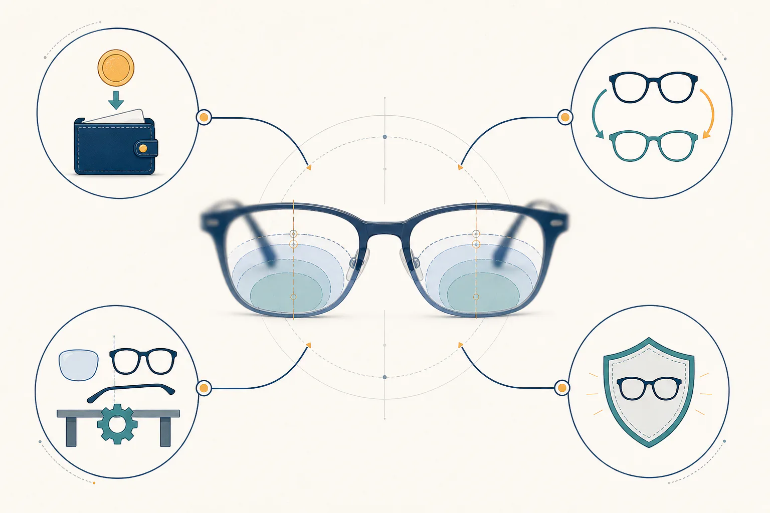 Radial illustration of one progressive eyeglass pair branching to symbols for a refund wallet, frame exchange, lens remake, and warranty shield.