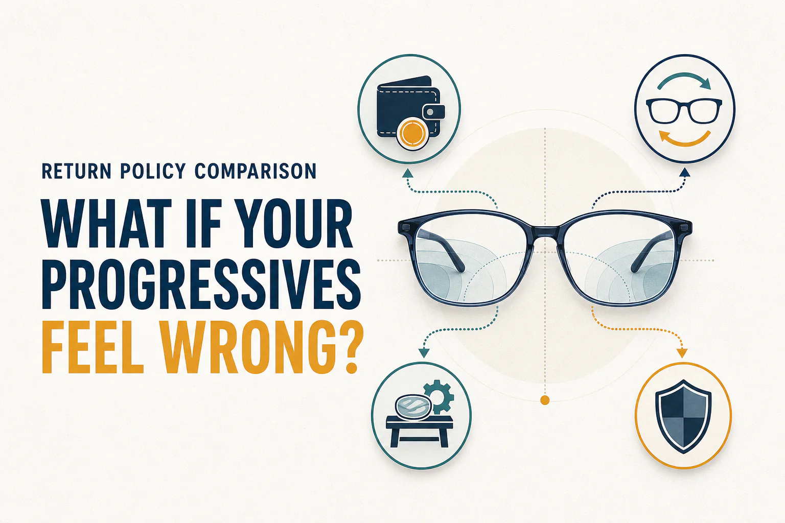 Lens InsiderS cover asking what to do when progressives feel wrong, with glasses branching to neutral refund, exchange, remake, and warranty symbols.