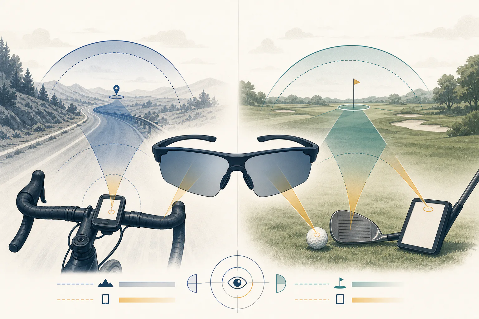 SportRx Progressive Sunglasses: Cycling vs Golf Gaze Patterns Split illustration with a cycling road and bike cockpit on one side, a golf fairway and blank score device on the other, joined by an unbranded sport frame and gaze paths.