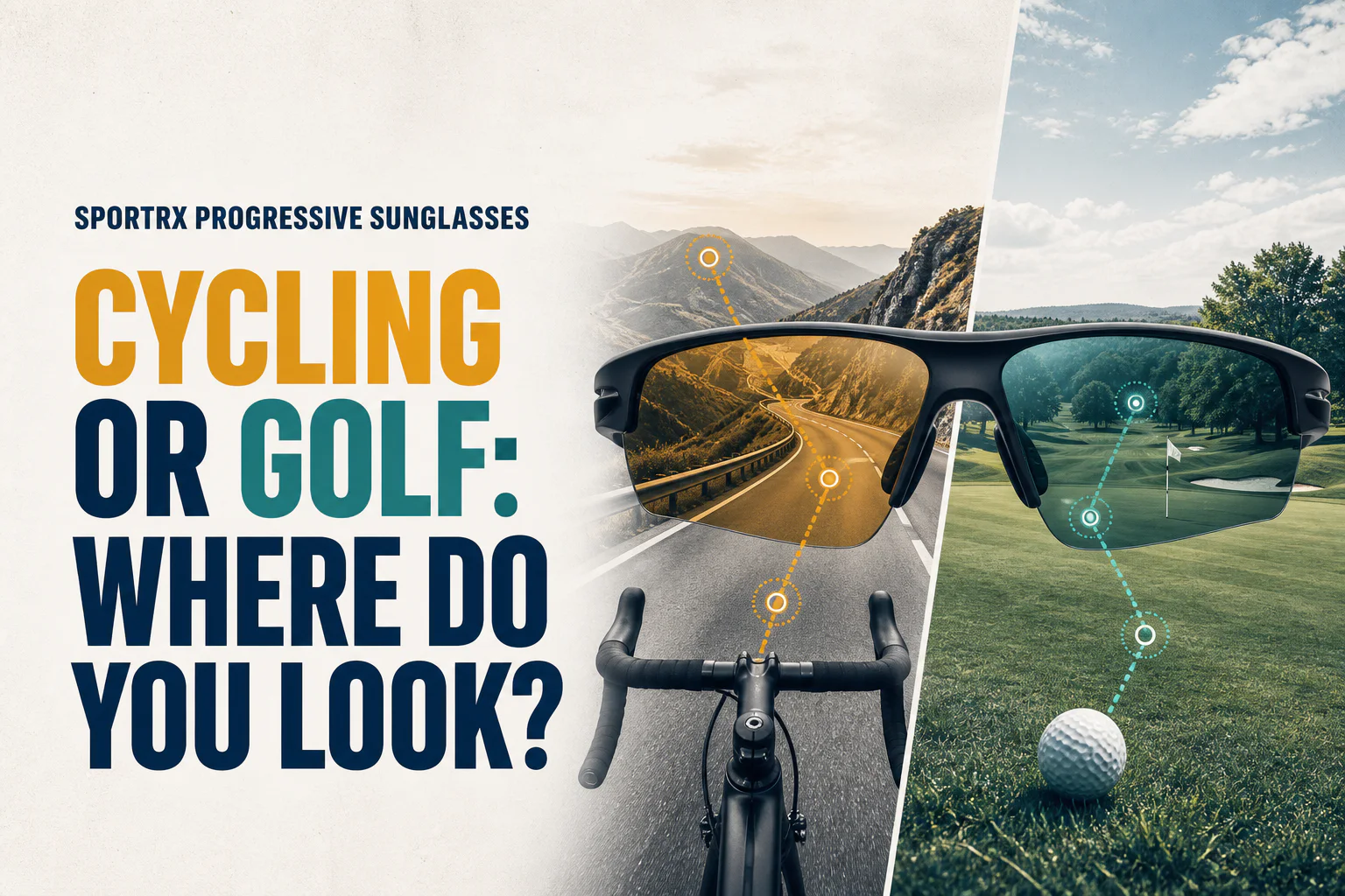 Lens InsiderS cover comparing cycling and golf gaze paths through generic sport glasses, a bike cockpit, road, golf ball, and fairway.