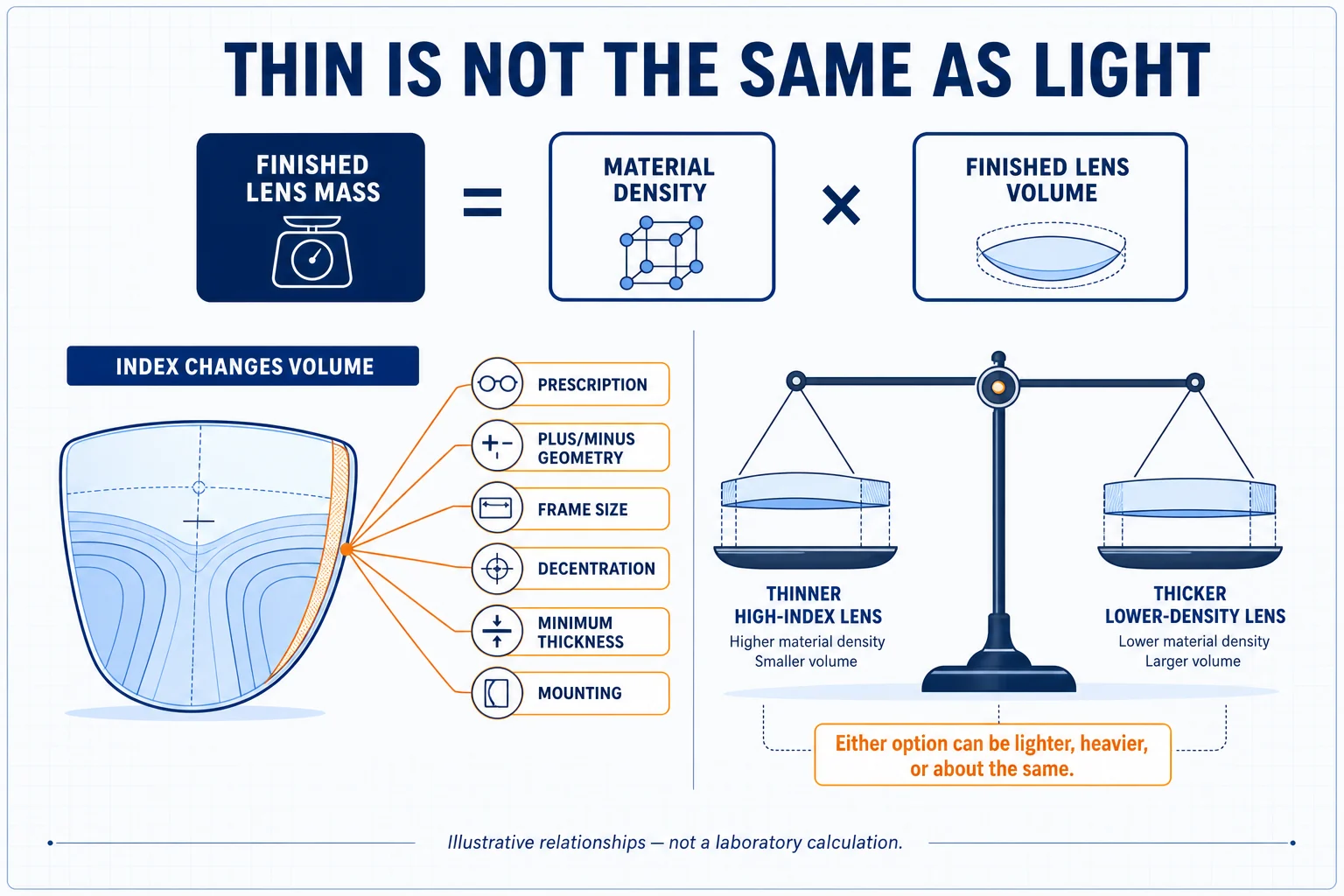 Progressive Lens Index Explained: Thickness, Weight and Nose Pressure Diagram showing that finished lens mass depends on material density and finished lens volume, which is affected by prescription, frame size, decentration, minimum thickness and mounting