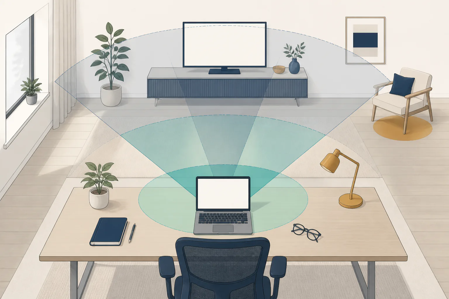 Zenni Workspace Progressives: Near-Range vs Mid-Range for Your Screen Distance Top-side office illustration with a laptop in a near teal viewing field and a large blank monitor in a broader farther viewing field.