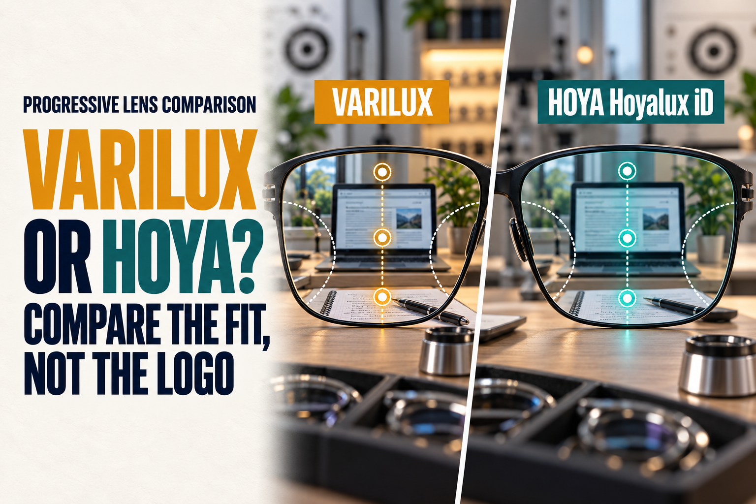 Varilux and HOYA Hoyalux iD progressive lens comparison shown as two equal brand panels with fitting markers