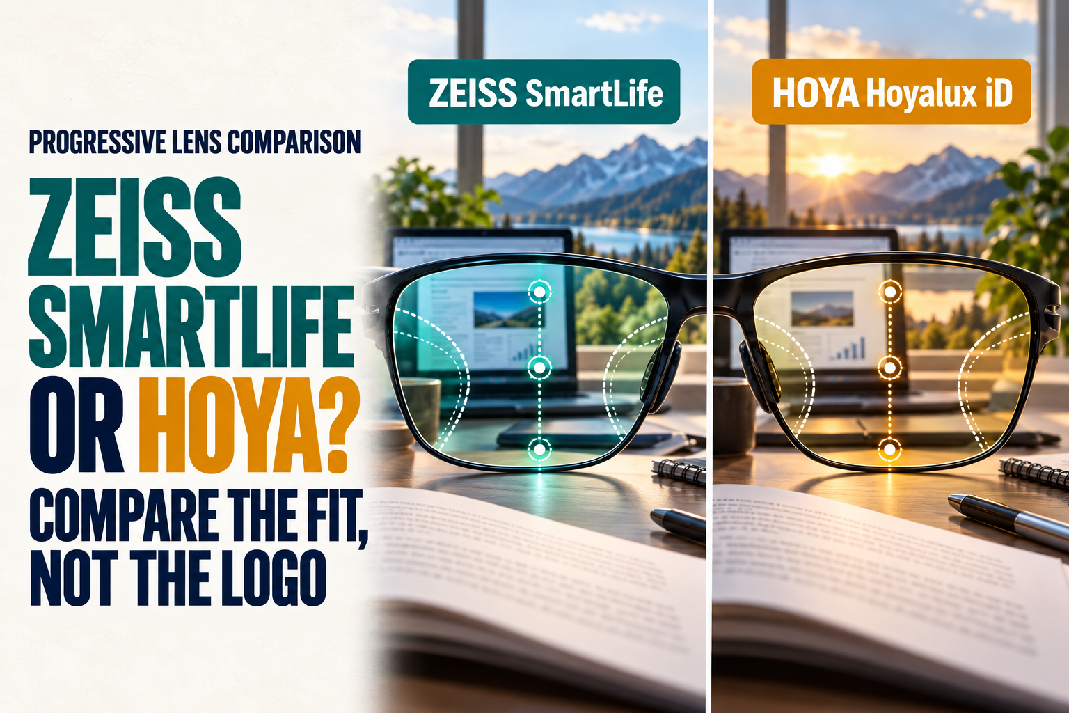 ZEISS SmartLife and HOYA Hoyalux iD progressive lens comparison shown as two equal brand panels with fitting markers
